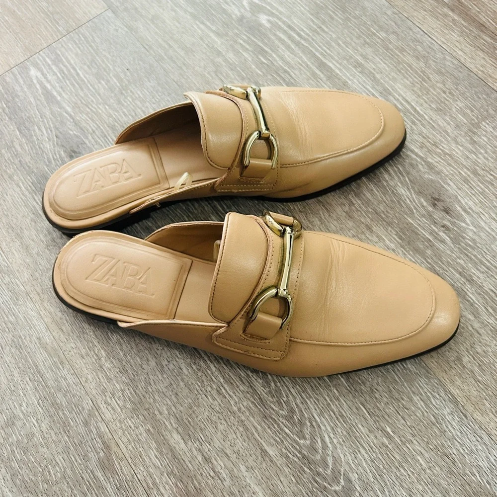 Zara Tan Leather Loafers with Gold Buckle - Picture 2 of 5